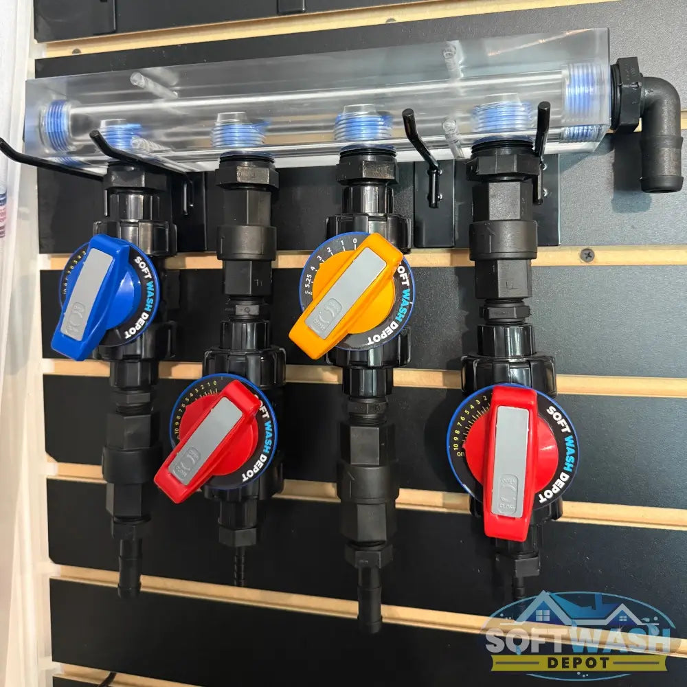 Clear Acrylic Soft Washing Mixing Proportioner with Precision Flow Valves - available in 3-port and 4-port configurations, featuring adjustable color-coded control valves for water, soap, and bleach mixing - Soft Wash Depot.