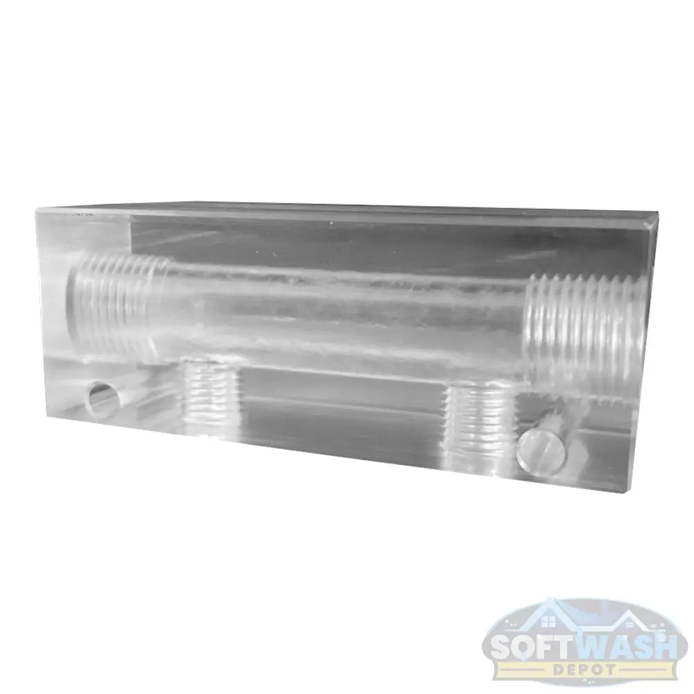 Clear downstream injector manifold block with 2-port or 3-port configuration, transparent chemical injection manifold for pressure washing and soft wash systems. - Soft Wash Depot