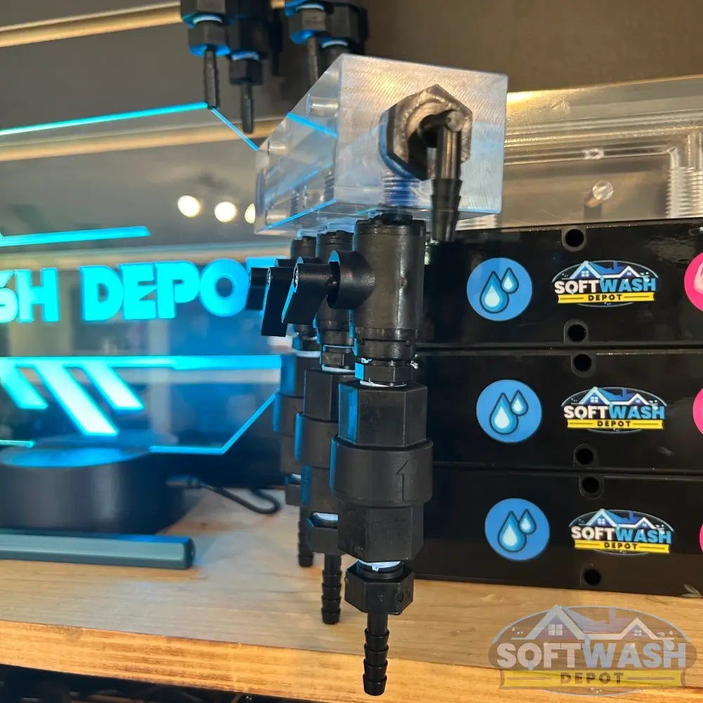 Clear downstream injector manifold block with 2-port and 3-port configuration, transparent chemical injection manifold for pressure washing and soft wash systems - Soft Wash Depot.