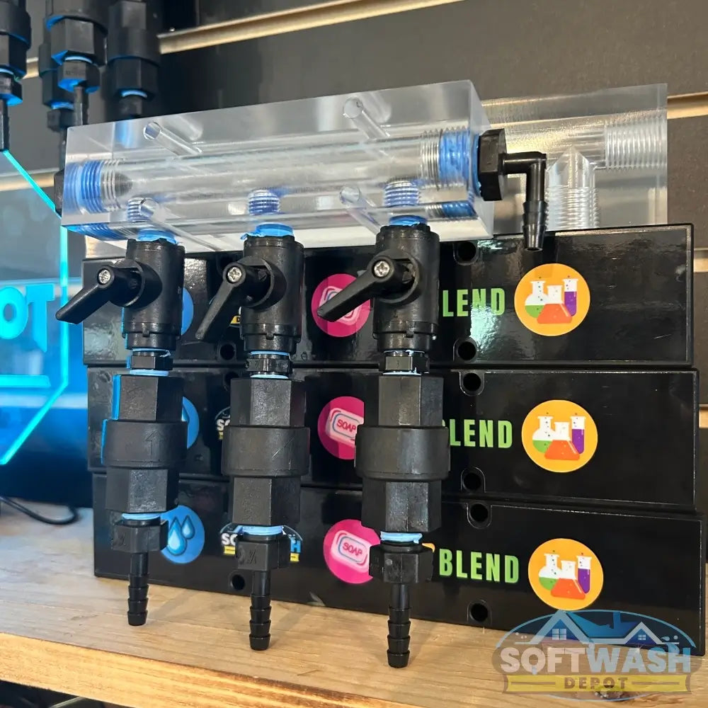 Clear downstream injector manifold block with 2-port and 3-port configuration, transparent chemical injection manifold for pressure washing and soft wash systems - Soft Wash Depot.