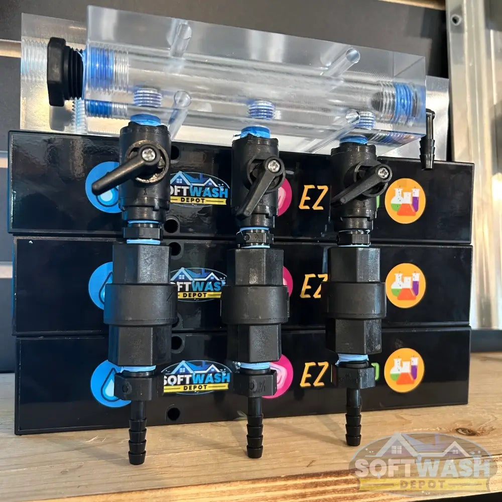 Clear downstream injector manifold block with 2-port and 3-port configuration, transparent chemical injection manifold for pressure washing and soft wash systems - Soft Wash Depot.