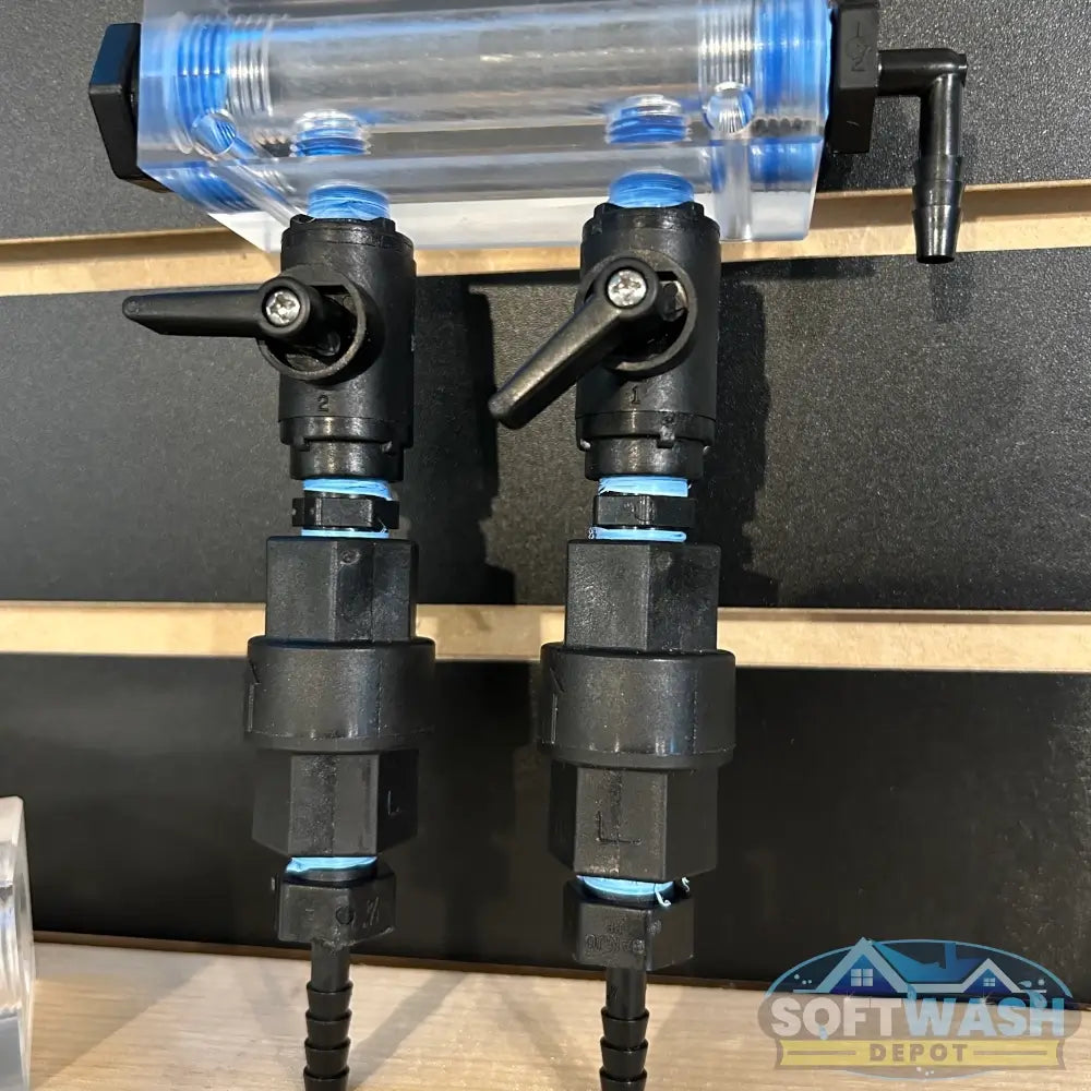 Clear downstream injector manifold block with 2-port and 3-port configuration, transparent chemical injection manifold for pressure washing and soft wash systems - Soft Wash Depot.