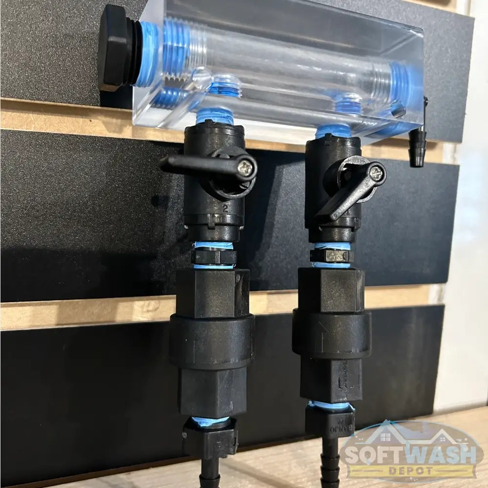 Clear downstream injector manifold block with 2-port or 3-port configuration, transparent chemical injection manifold for pressure washing and soft wash systems. - Soft Wash Depot
