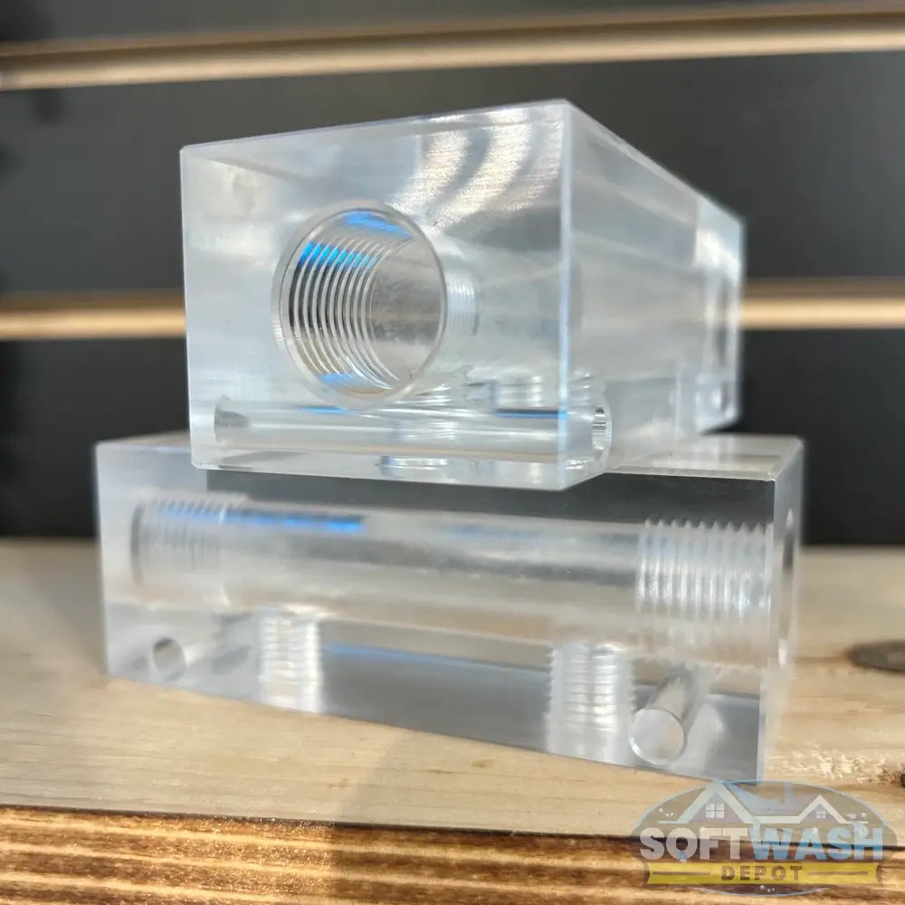 Clear downstream injector manifold block with 2-port and 3-port configuration, transparent chemical injection manifold for pressure washing and soft wash systems - Soft Wash Depot.