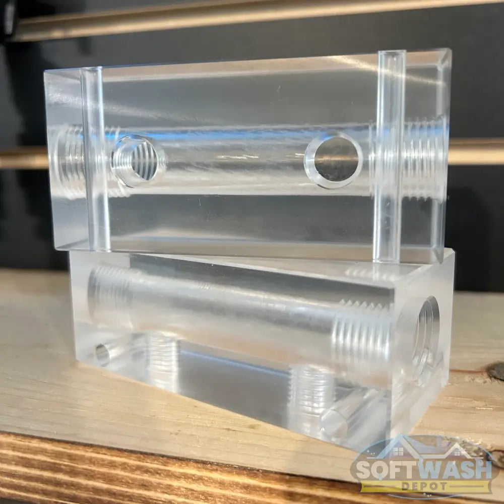 Clear downstream injector manifold block with 2-port and 3-port configuration, transparent chemical injection manifold for pressure washing and soft wash systems - Soft Wash Depot.