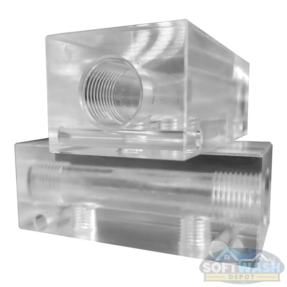 Clear downstream injector manifold block with 2-port and 3-port configuration, transparent chemical injection manifold for pressure washing and soft wash systems - Soft Wash Depot.