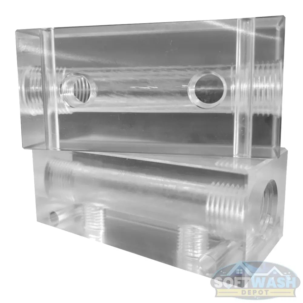 Clear downstream injector manifold block with 2-port and 3-port configuration, transparent chemical injection manifold for pressure washing and soft wash systems - Soft Wash Depot.