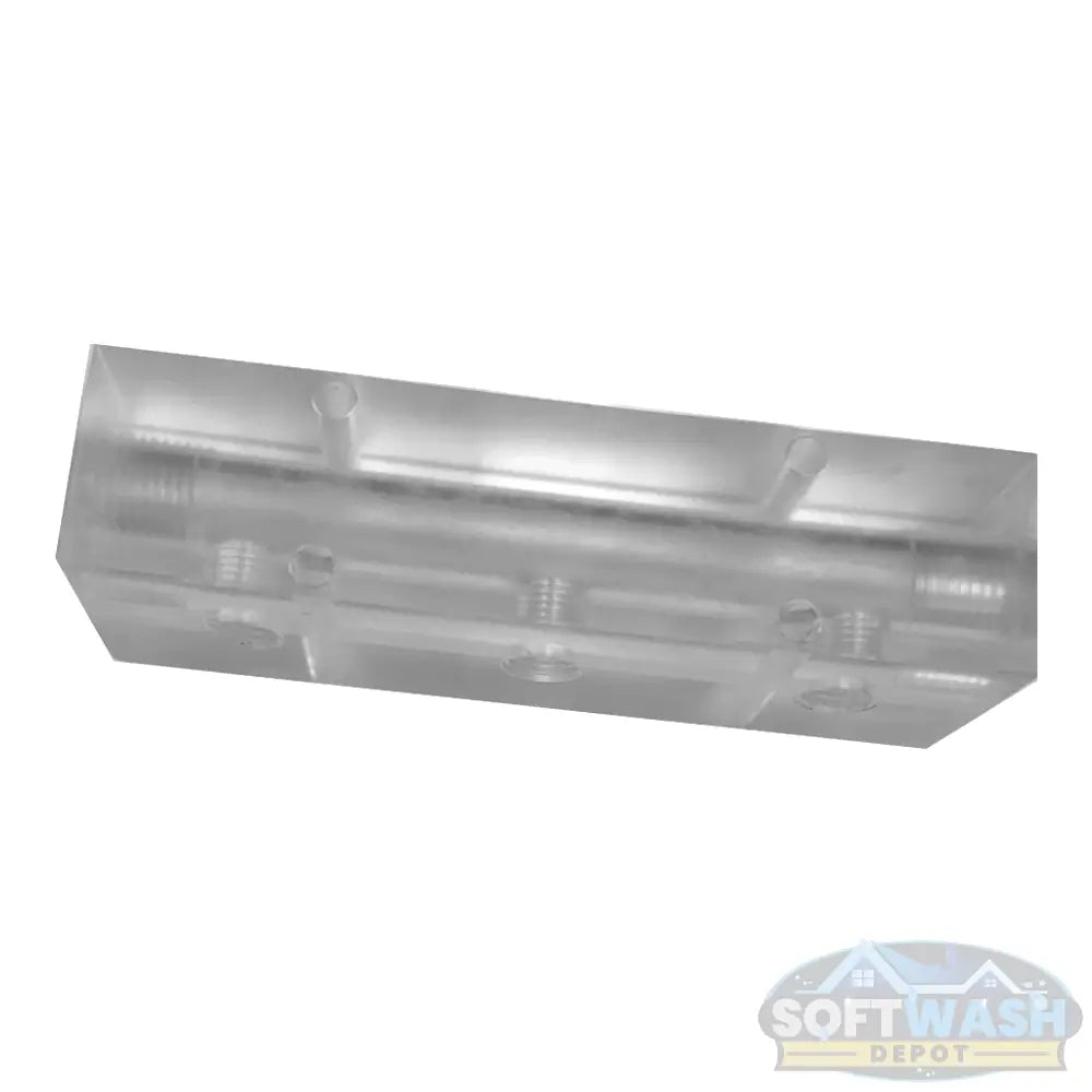 Clear downstream injector manifold block with 2-port or 3-port configuration, transparent chemical injection manifold for pressure washing and soft wash systems. - Soft Wash Depot