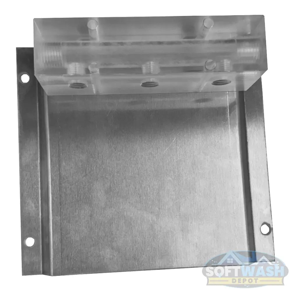 Clear downstream injector manifold block with 2-port and 3-port configuration, transparent chemical injection manifold for pressure washing and soft wash systems - Soft Wash Depot.