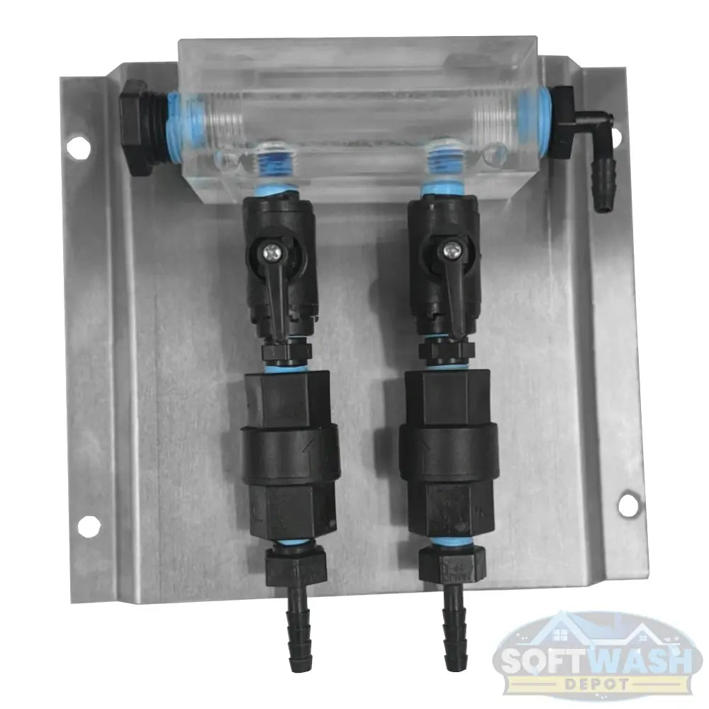 Clear downstream injector manifold block with 2-port and 3-port configuration, transparent chemical injection manifold for pressure washing and soft wash systems - Soft Wash Depot.