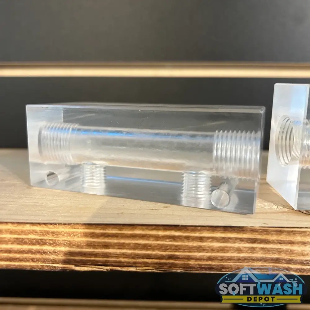 Clear downstream injector manifold block with 2-port or 3-port configuration, transparent chemical injection manifold for pressure washing and soft wash systems. - Soft Wash Depot