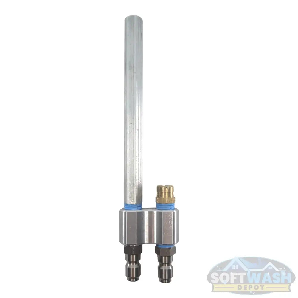 Davis Shooter dual nozzle holder with long-range shooter tip and soap nozzle, quick-connect pressure wash and soft wash spray combo for high reach and efficient chemical application. - Soft Wash Depot