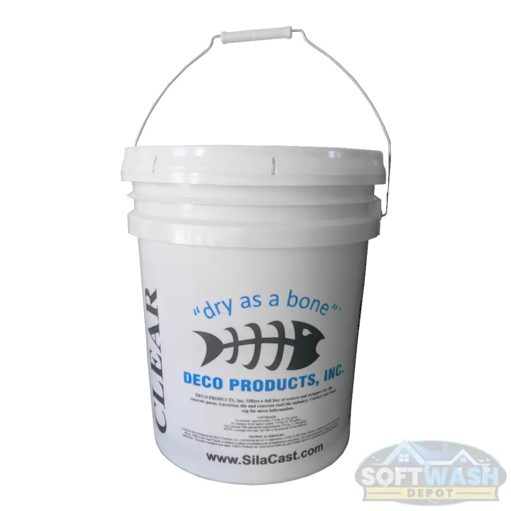 Deco 20 Clear sealer in a 5-gallon white bucket with handle, featuring “dry as a bone” logo and waterproofing label. - Soft Wash Depot.