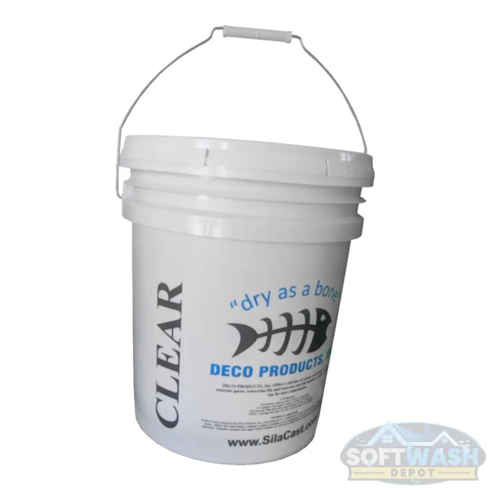 Deco 20 Clear sealer in a 5-gallon white bucket with handle, featuring “dry as a bone” logo and waterproofing label. - Soft Wash Depot.