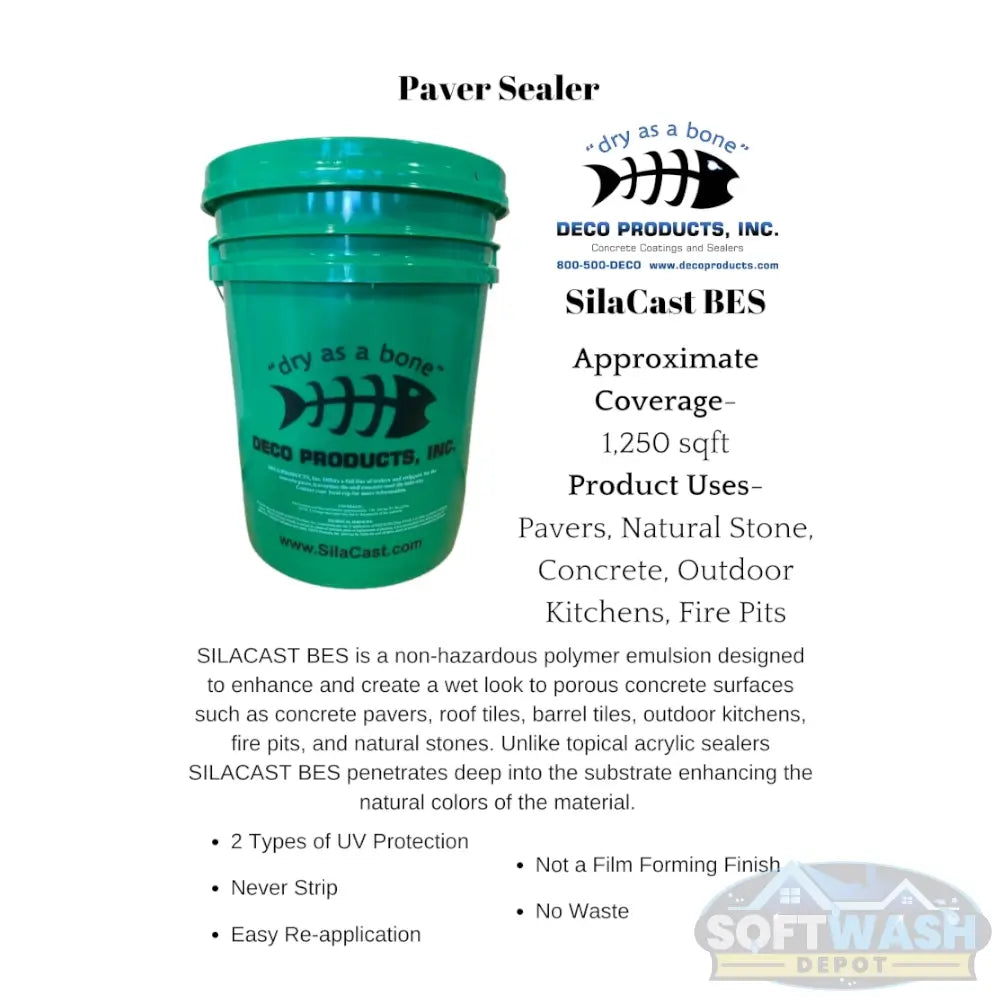 Green 5-gallon Deco Silicast BES sealer bucket with “dry as a bone” logo and handle. - Soft Wash Depot.
