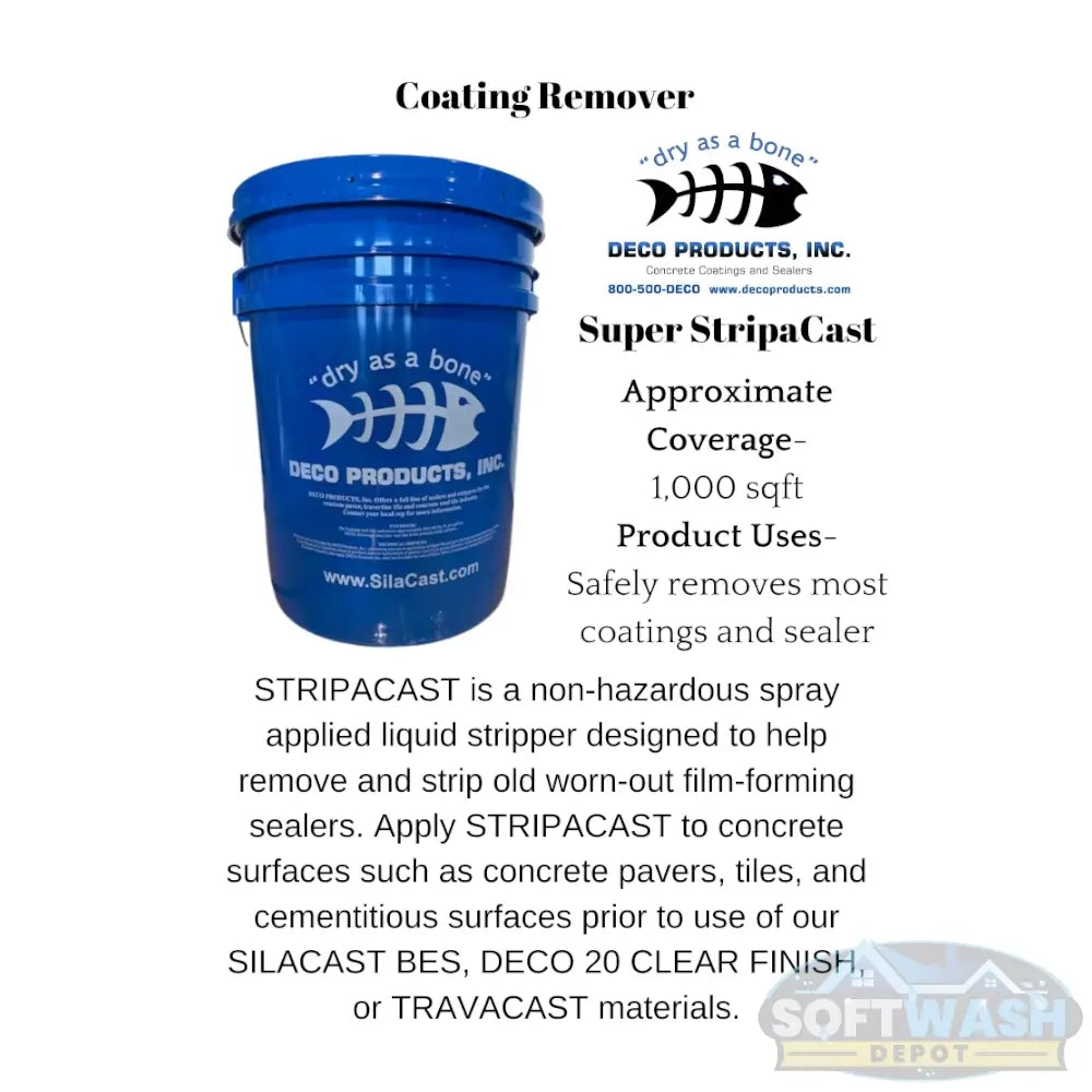 Blue 5-gallon Deco StripaCast bucket with “dry as a bone” logo and handle. - Soft Wash Depot.