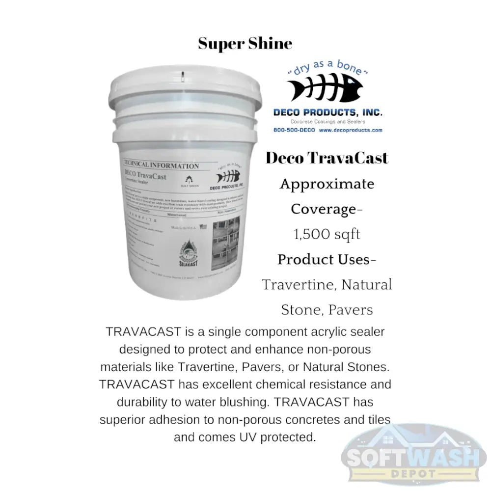 Deco TravaCast travertine sealer in a white 5-gallon pail with handle, labeled for stone protection and surface sealing - Soft Wash Depot.