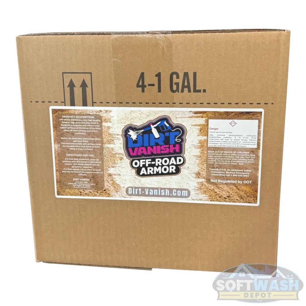 Dirt Vanish Off-Road Armor case of four 1-gallon jugs providing shine and protective coating for off-road vehicles and heavy equipment. - Soft Wash Depot