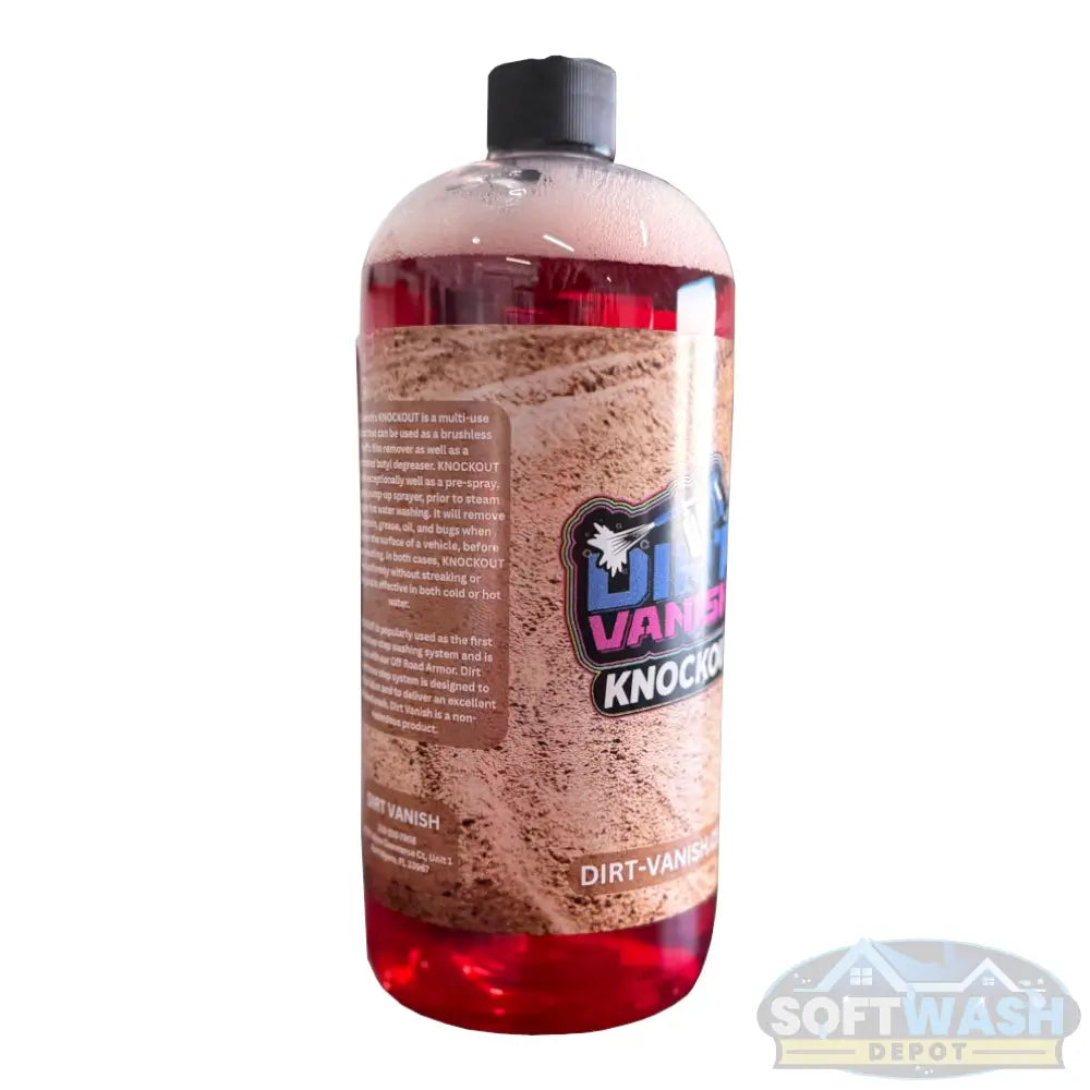 Dirt Vanish Knockout High-Foaming Off-Road Cleaner 32oz Bottle - red liquid cleaner for removing mud and grime from trucks, ATVs, and off-road vehicles - available at Soft Wash Depot.