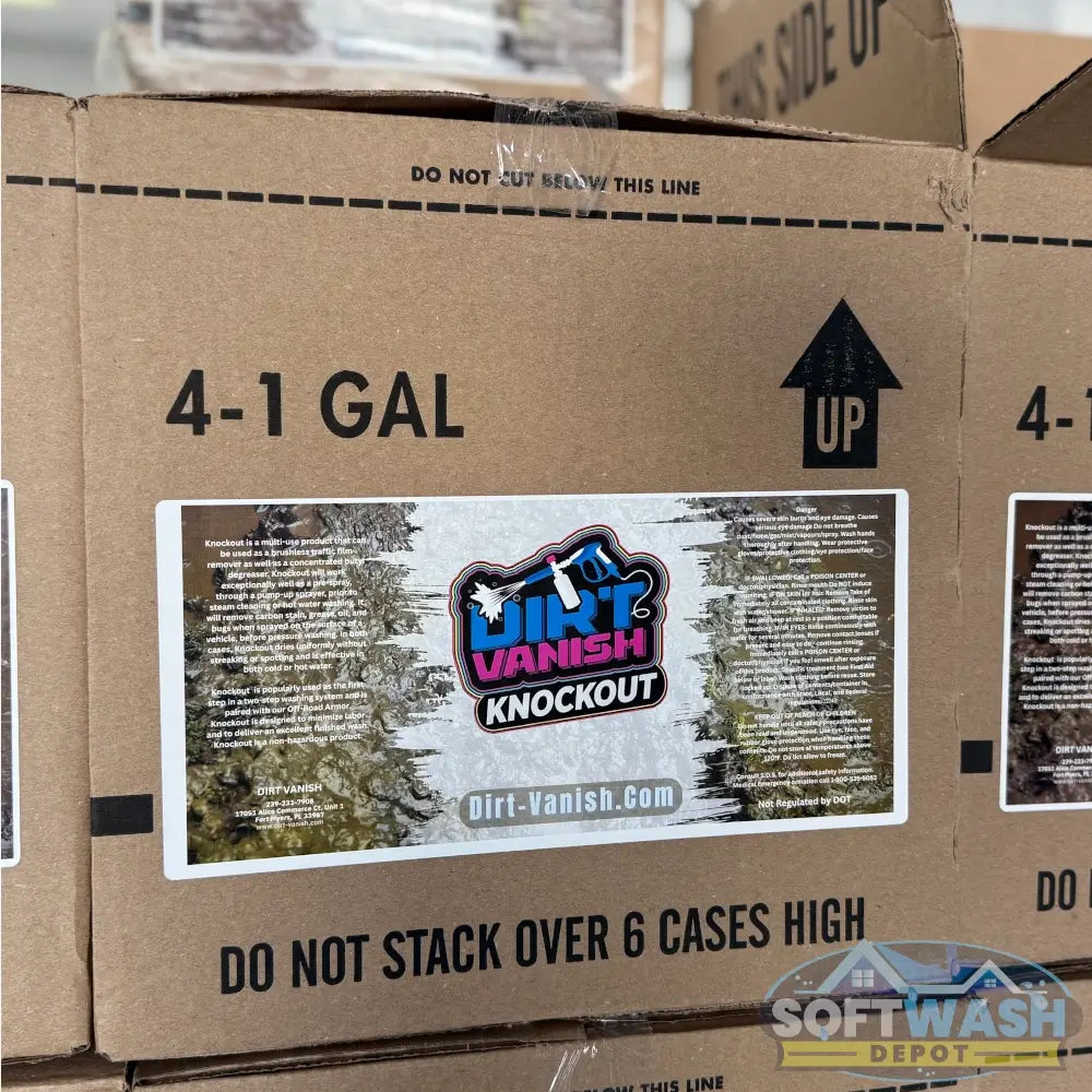 Dirt Vanish Knockout High-Foaming Off-Road Cleaner Case - four 1-gallon bottles of red liquid cleaner for trucks, ATVs, and off-road vehicles - Dirt-Vanish.com label, available at Soft Wash Depot.