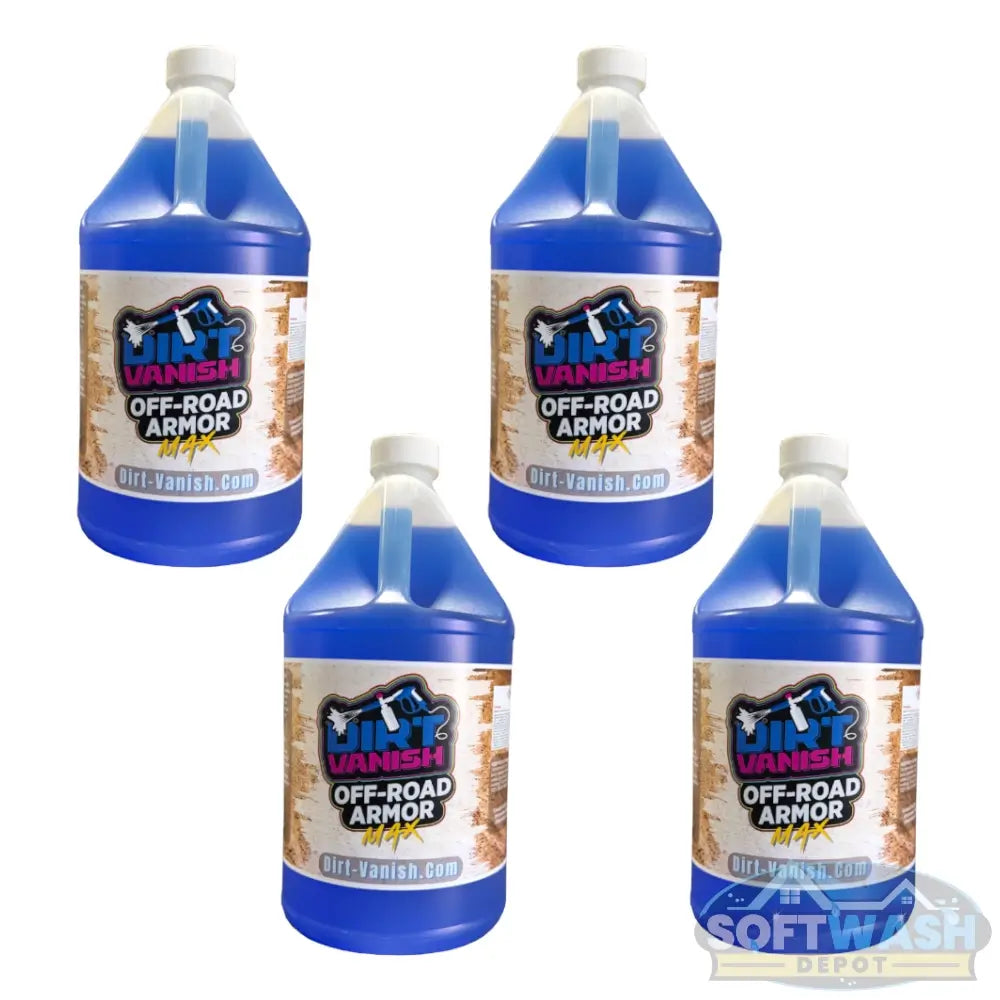 Dirt Vanish Off-Road Armor MAX Case, four 1-gallon containers providing shine and protective coating for ATVs, UTVs, off-road trucks, and heavy equipment.