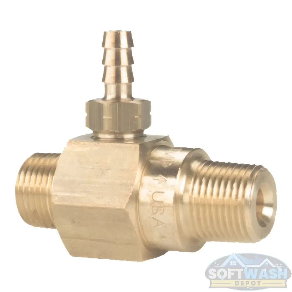 High-draw downstream chemical injector with brass body and barb fitting for pressure washers, designed for 20% chemical draw - Soft Wash Depot.