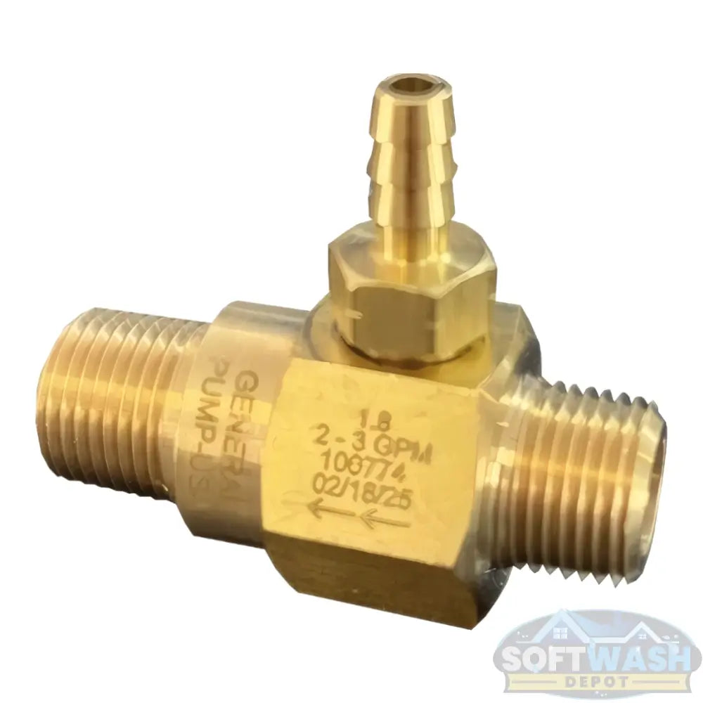 High-draw downstream chemical injector with brass body and barb fitting for pressure washers, designed for 20% chemical draw - Soft Wash Depot.