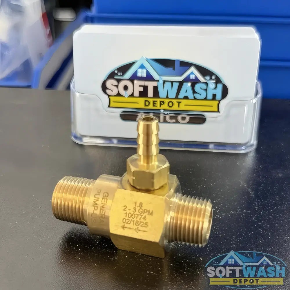 High-draw downstream chemical injector with brass body and barb fitting for pressure washers, designed for 20% chemical draw - Soft Wash Depot.