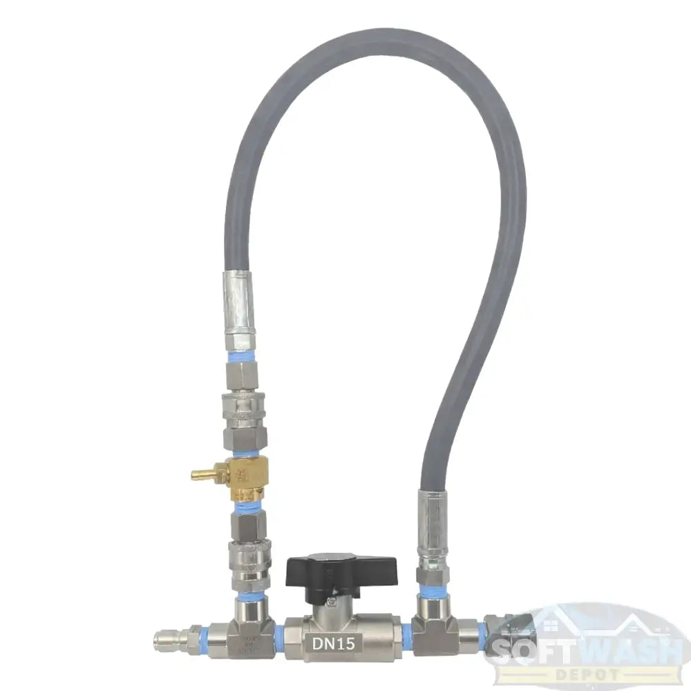 Downstream injector bypass kit 1/2 inch with DN-15 stainless steel ball valve, General Pump injector for 8+ GPM systems, stainless quick connects, and Rampage 2-wire hose for pressure washing and soft wash setups. - Soft Wash Depot