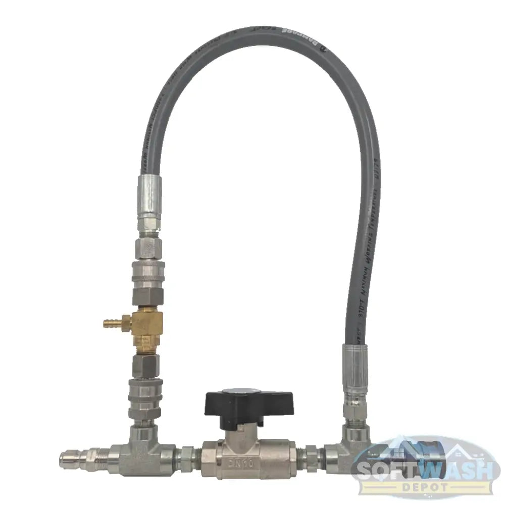 Downstream injector bypass kit featuring a stainless-steel ball valve, quick-connect fittings, and a curved high-pressure hose loop for improved chemical bypass control. - Soft Wash Depot