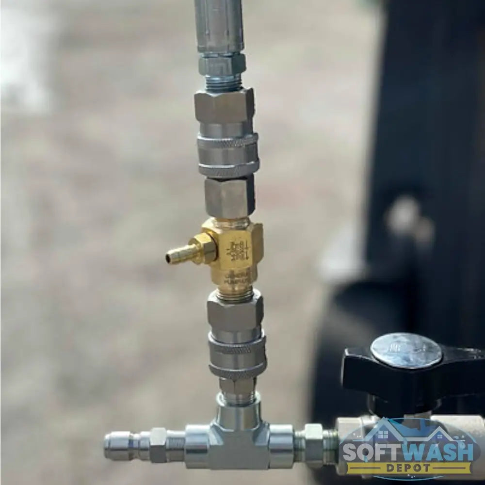 Downstream injector bypass kit featuring a stainless-steel ball valve, quick-connect fittings, and a curved high-pressure hose loop for improved chemical bypass control. - Soft Wash Depot