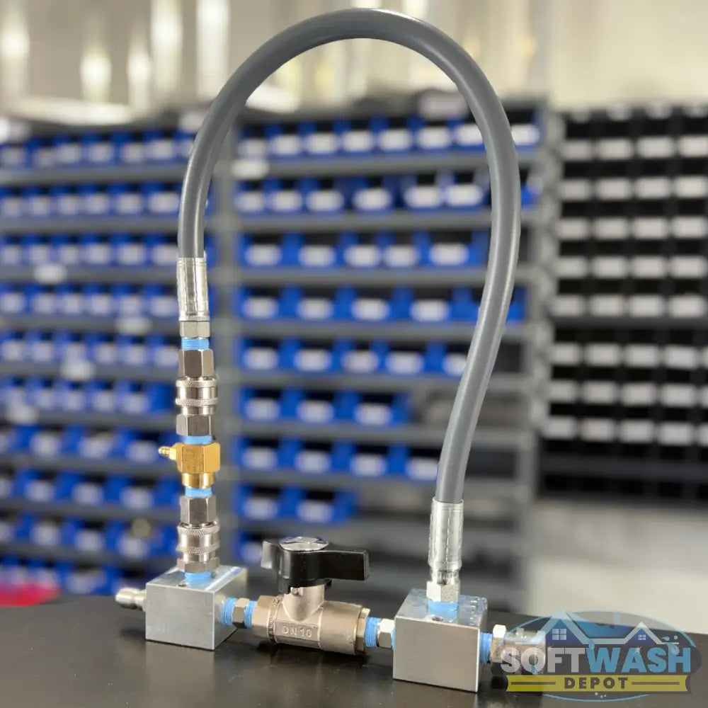 Downstream Injector Bypass Kit with Aluminum Blocks - Premium pre-assembled pressure washing bypass system featuring stainless steel quick connects, chemical-resistant hose, and high-flow valve for efficient downstream injection control. - Soft Wash Depot