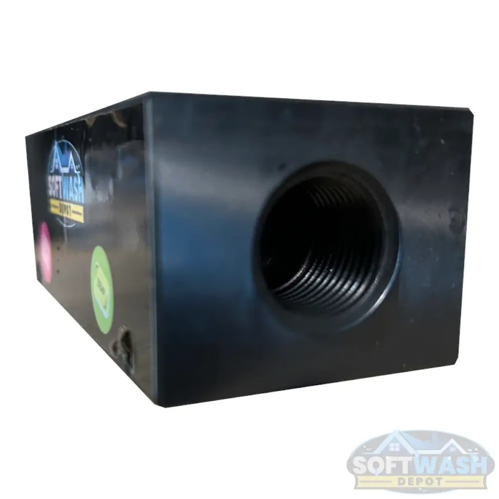 Black downstream injector manifold block available in 2-port and 3-port configurations, featuring chemical-resistant valves and barbed fittings for quick soft wash solution switching. - Soft Wash Depot