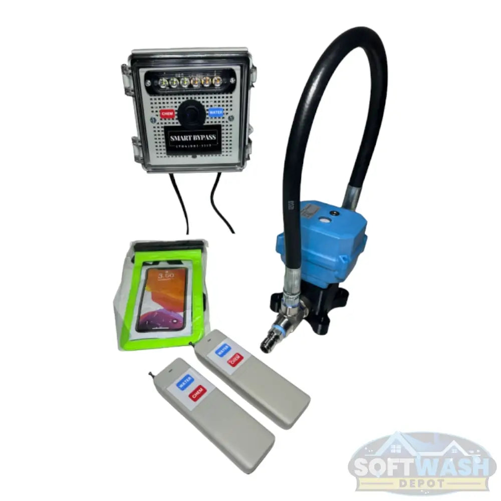 Downstream Remote Bypass - Wireless remote bypass system for soft washing and pressure washing. Includes control box, remote transmitters, actuator valve, and waterproof phone pouch - Soft Wash Depot.
