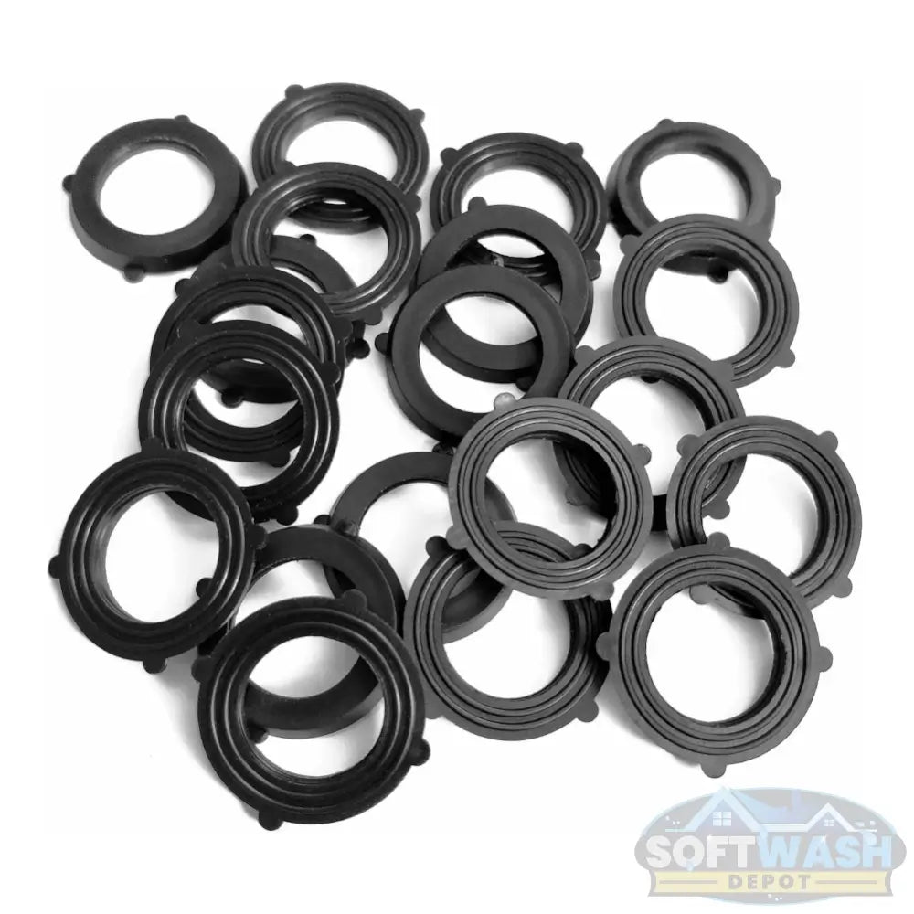 Set of black EDPM garden hose washers featuring ribbed edges and small locking tabs, designed for secure sealing and leak prevention - Soft Wash Depot.