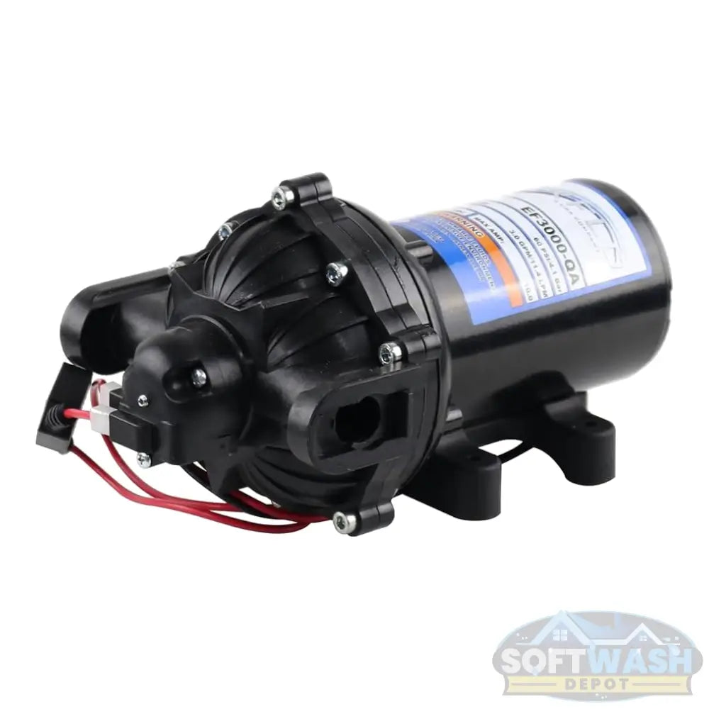Everflo 12V on-demand diaphragm sprayer pump with 3.0 GPM flow rate and 60 PSI output. - Soft Wash Depot