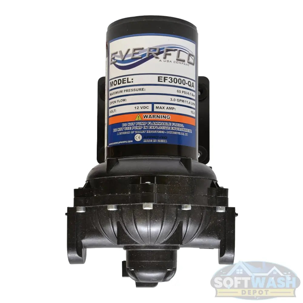Everflo 12V on-demand diaphragm sprayer pump with 3.0 GPM flow rate and 60 PSI output. - Soft Wash Depot