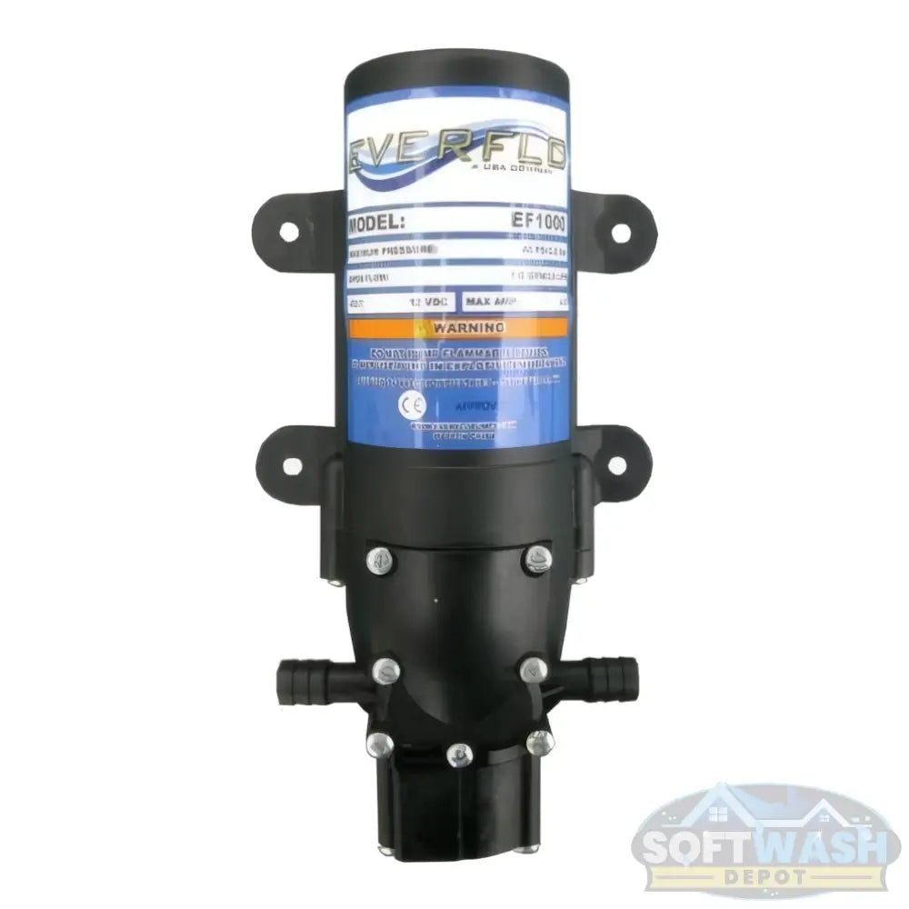 Everflo EF1000-BOX 12V Diaphragm Pump - 1.0 GPM, 3/8" NPT Port with Hose Barb fittings. Compact 12-volt chemical-resistant pump ideal for soft washing, agricultural spraying, and fluid transfer - Soft Wash Depot.