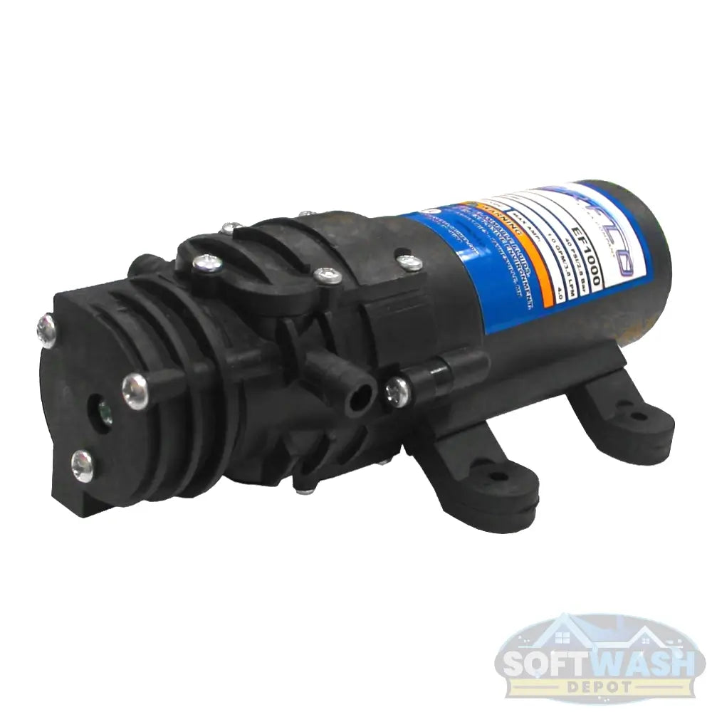 Everflo EF1000-BOX 12V Diaphragm Pump - 1.0 GPM, 3/8" NPT Port with Hose Barb fittings. Compact 12-volt chemical-resistant pump ideal for soft washing, agricultural spraying, and fluid transfer - Soft Wash Depot.