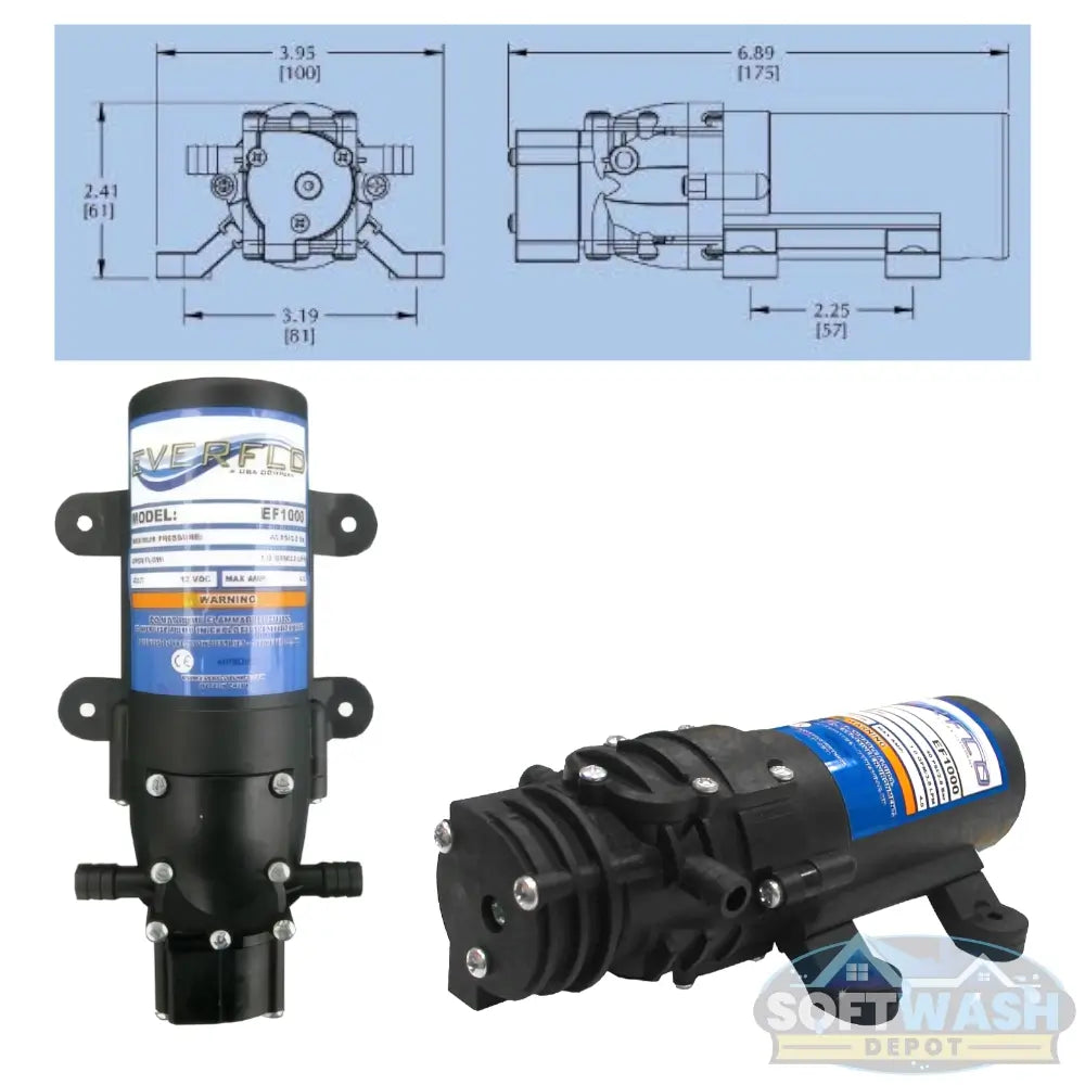 Everflo EF1000-BOX 12V Diaphragm Pump - 1.0 GPM, 3/8" NPT Port with Hose Barb fittings. Compact 12-volt chemical-resistant pump ideal for soft washing, agricultural spraying, and fluid transfer - Soft Wash Depot.