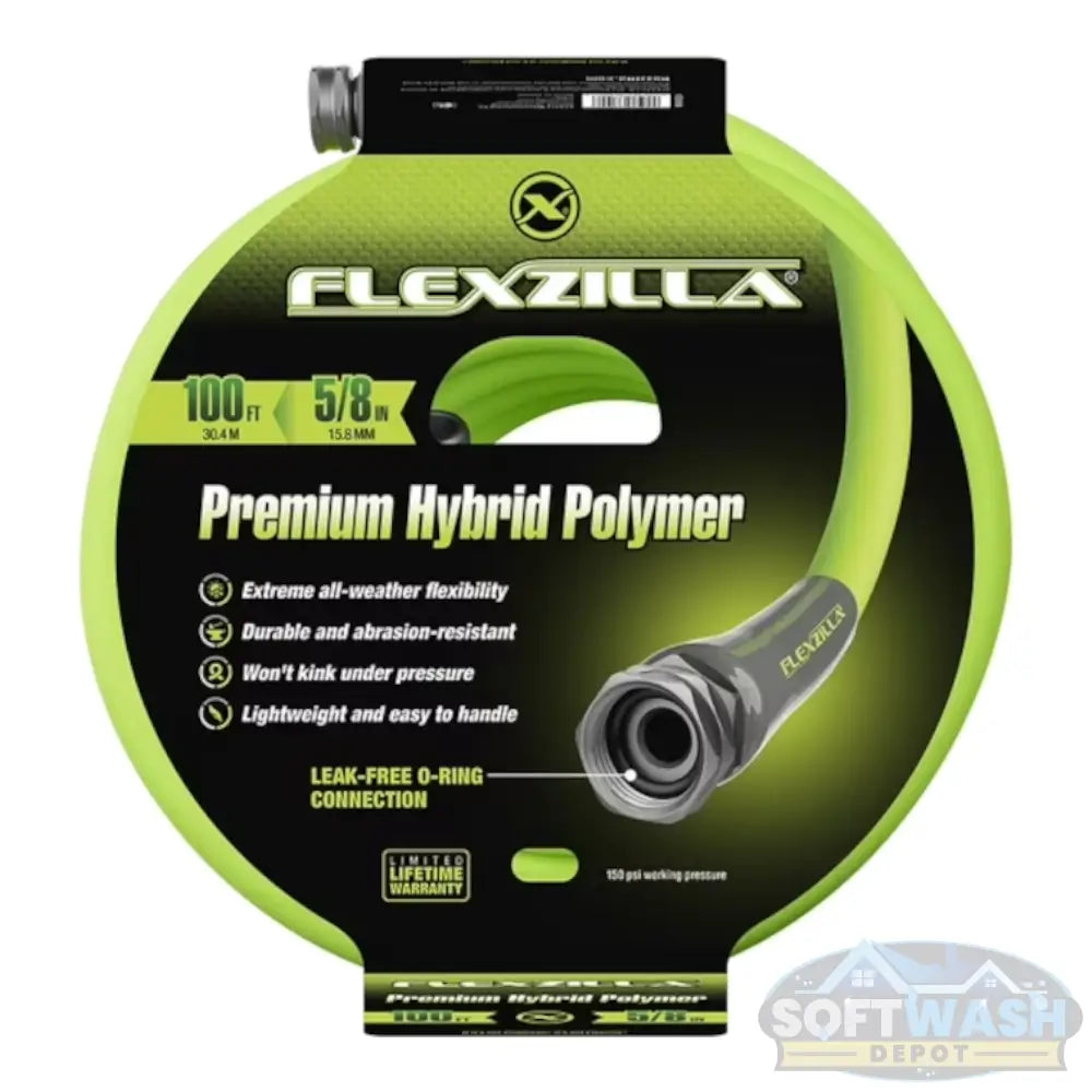 Flexzilla 5/8 inch x 100 foot hybrid polymer garden fill hose in ZillaGreen color. - Soft Wash Depot.