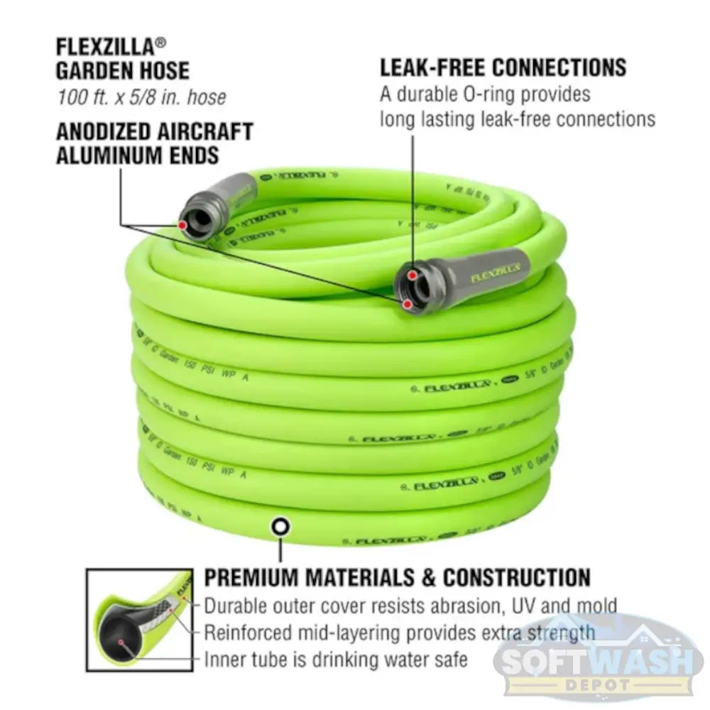Flexzilla 5/8 inch x 100 foot hybrid polymer garden fill hose in ZillaGreen color. - Soft Wash Depot.
