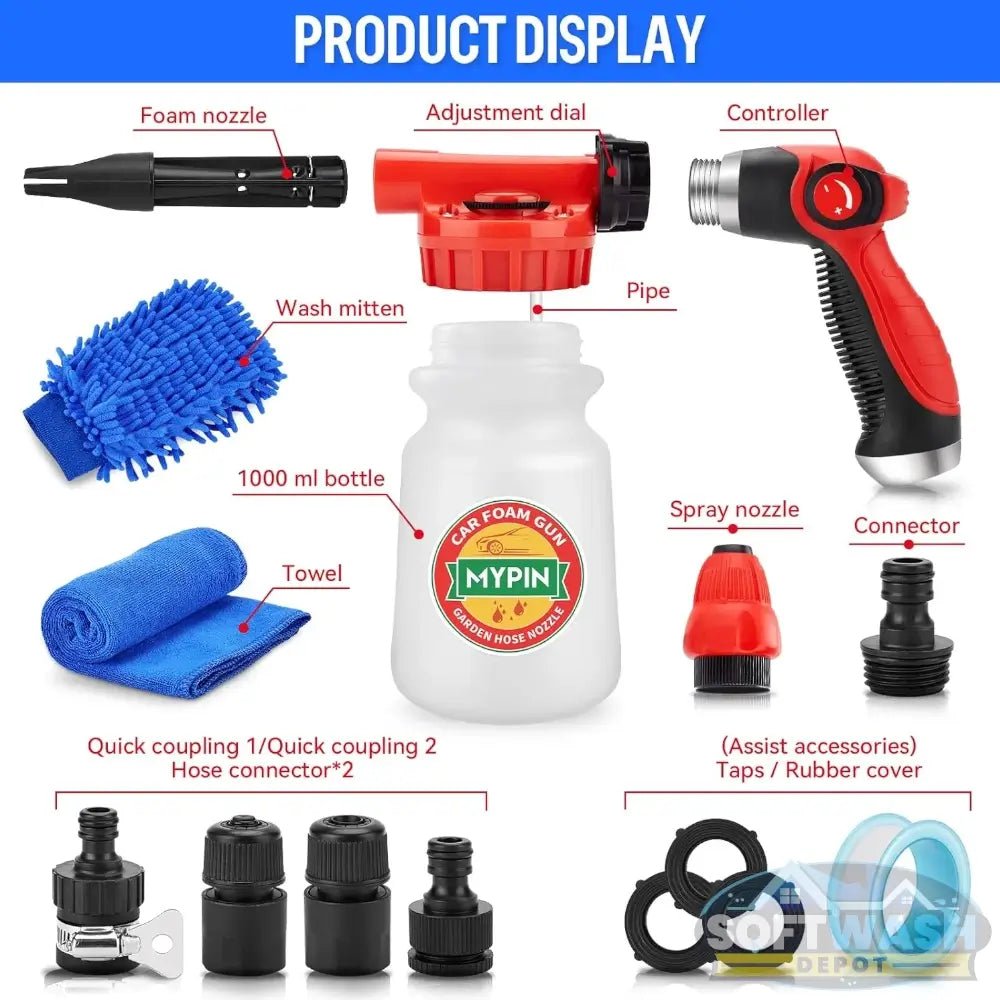 Garden Hose Foam Cannon Kit with 1000ml soap bottle, adjustable foam spray nozzle, hose connectors, wash mitt, towel, and car cleaning accessories. - Soft Wash Depot