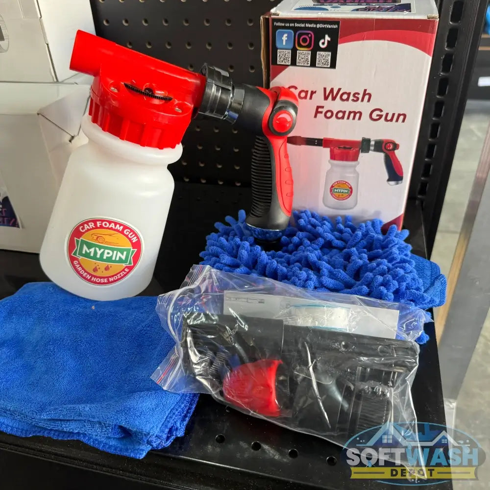 Garden Hose Foam Cannon Kit with 1000ml soap bottle, adjustable foam spray nozzle, hose connectors, wash mitt, towel, and car cleaning accessories. - Soft Wash Depot