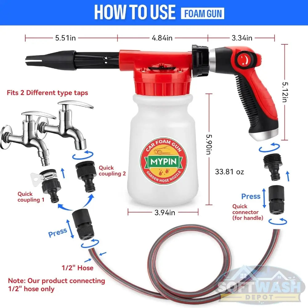 Garden Hose Foam Cannon Kit with 1000ml soap bottle, adjustable foam spray nozzle, hose connectors, wash mitt, towel, and car cleaning accessories. - Soft Wash Depot