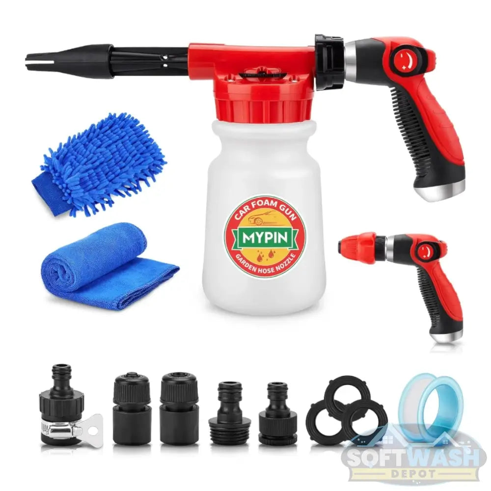 Garden Hose Foam Cannon Kit with 1000ml soap bottle, adjustable foam spray nozzle, hose connectors, wash mitt, towel, and car cleaning accessories. - Soft Wash Depot