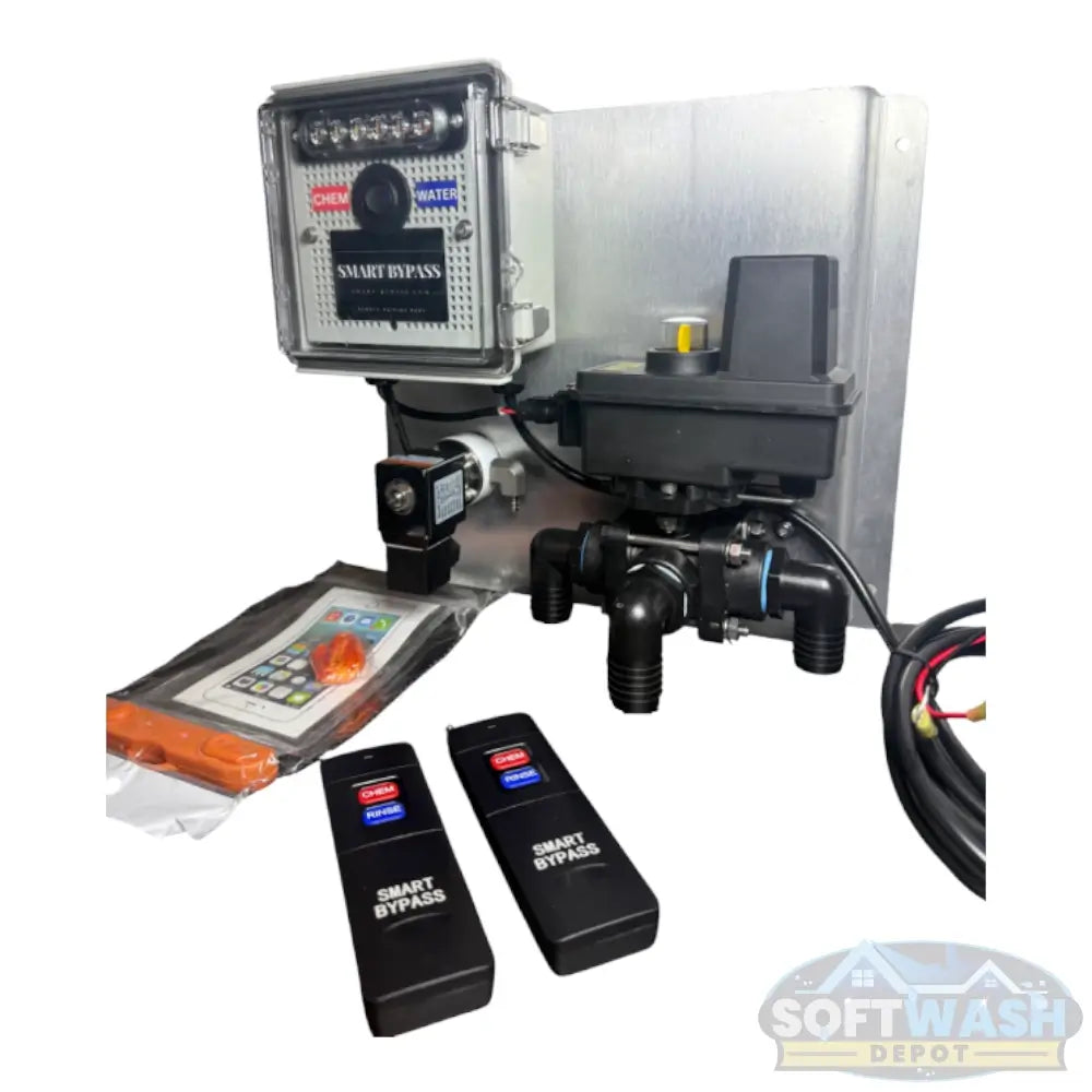 Gen 2 1-inch remote control system for soft washing setups, featuring smart bypass controller, dual remotes, and chemical/water flow control unit - Soft Wash Depot.