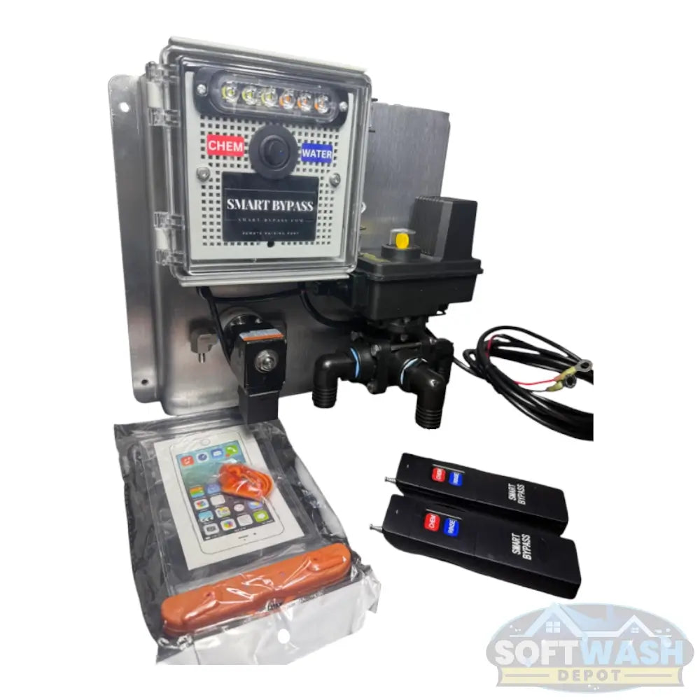 Gen 2 1-inch remote control system for soft washing setups, featuring smart bypass controller, dual remotes, and chemical/water flow control unit - Soft Wash Depot.