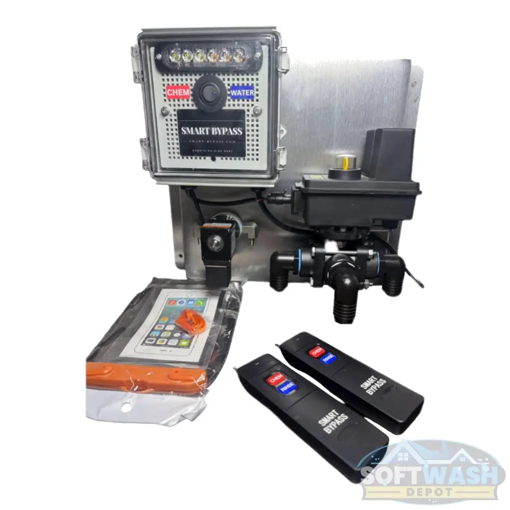 Gen 2 1-inch remote control system for soft washing setups, featuring smart bypass controller, dual remotes, and chemical/water flow control unit - Soft Wash Depot.