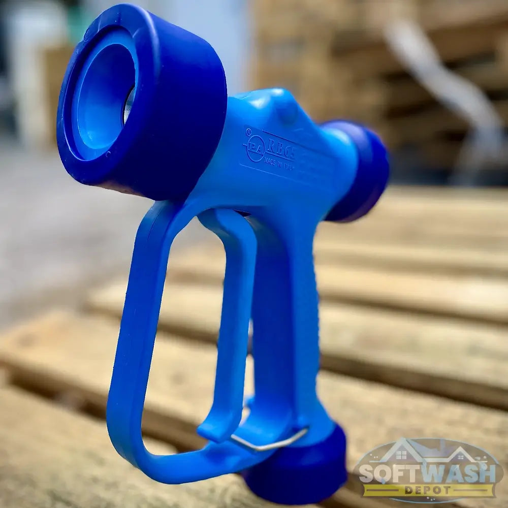 General Pump blue soft wash gun with ergonomic grip and chemical-resistant design for roof cleaning, siding wash, and low-pressure detergent application. - Soft Wash Depot